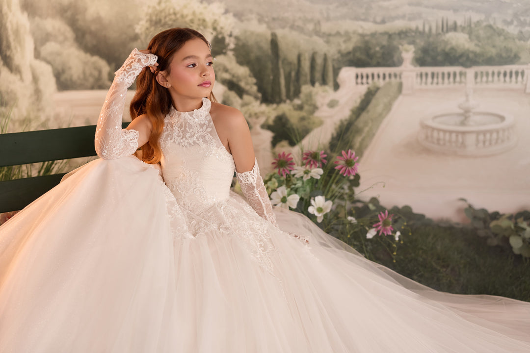Pentelei 3932 Halter Ball Gown with Pearl Strand Back Kids Dress