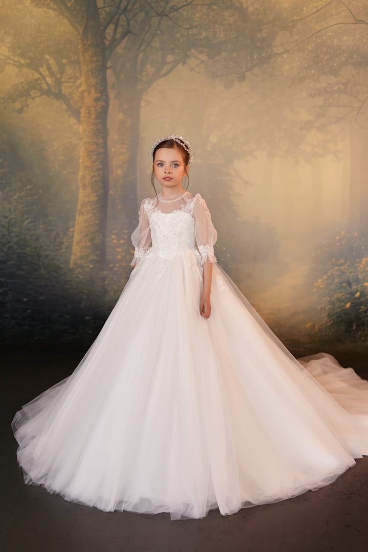 Pentelei 3933 Lace Puff Sleeve Ball Gown with Button Back Kids Dress