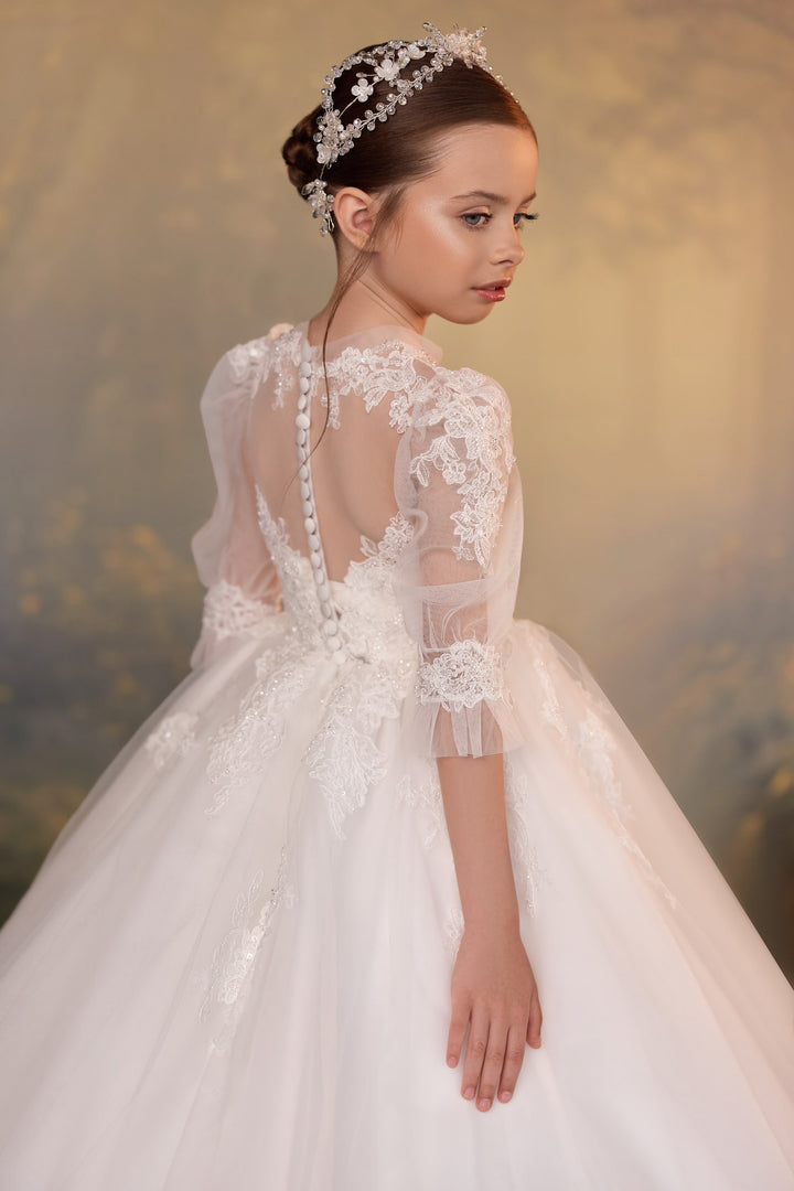 Pentelei 3933 Lace Puff Sleeve Ball Gown with Button Back Kids Dress