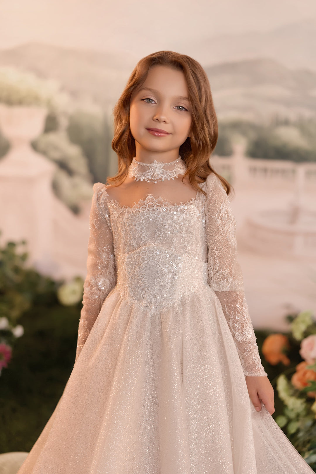 Pentelei 3937 Lace Corset Ball Gown with Choker Neckline Kids Dress