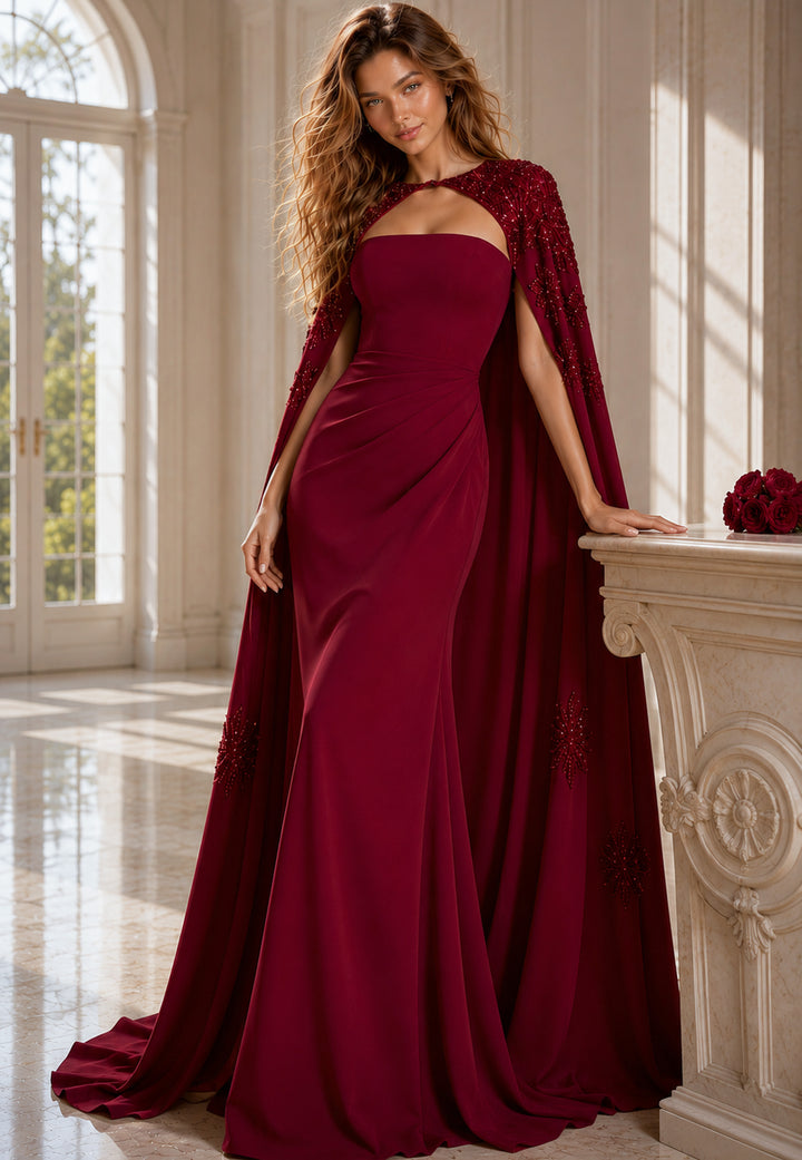 Jovani 39957 Fitted Gown with Beaded Cape and Floral Appliqué