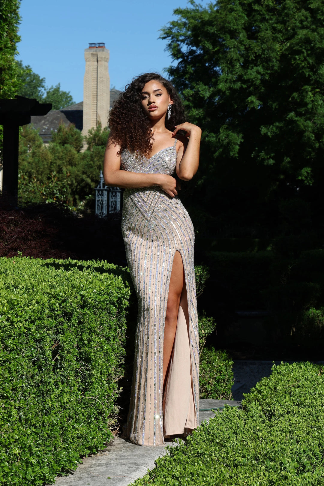 Jovani 40060 Beaded Cutout Sheath Gown with High Slit