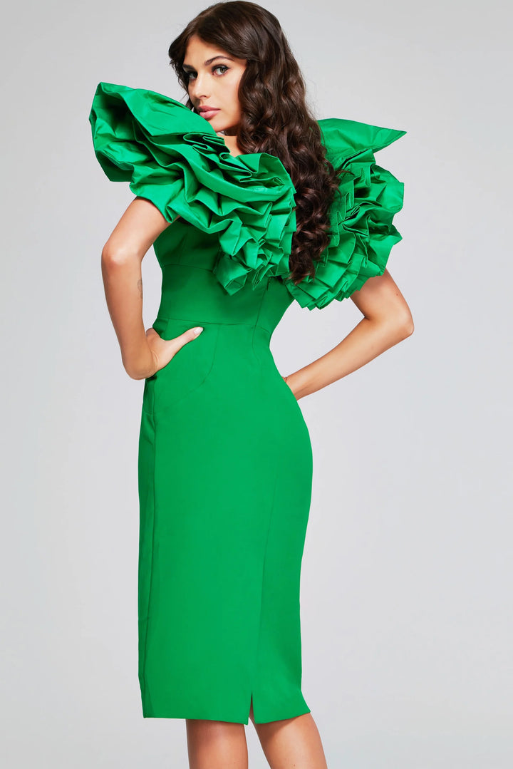 Jovani 40662 Elegant Ruffle Shoulder Midi Dress