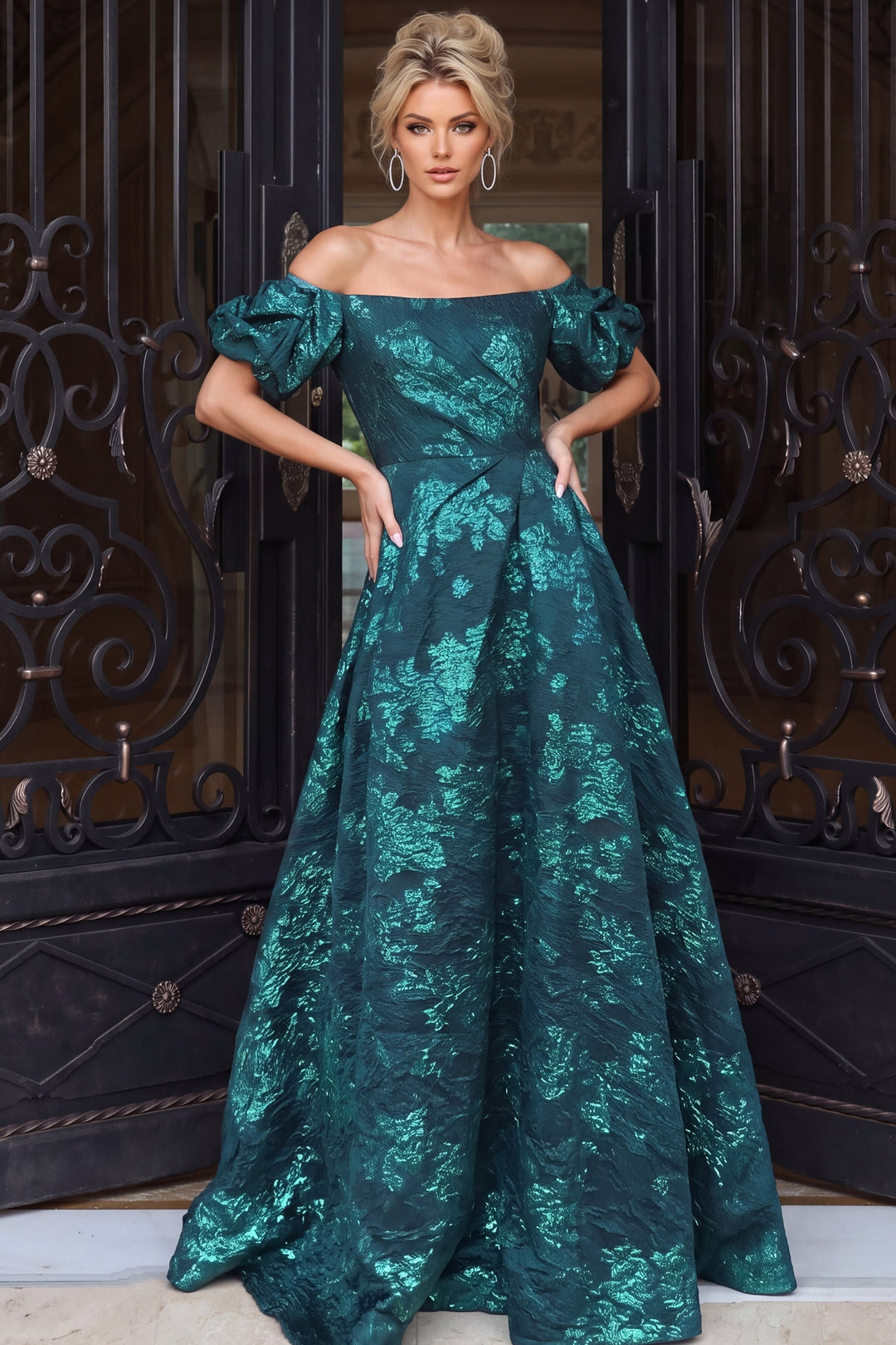 Jovani 40781 Off-the-Shoulder Puff Sleeve A-Line Evening Gown, front