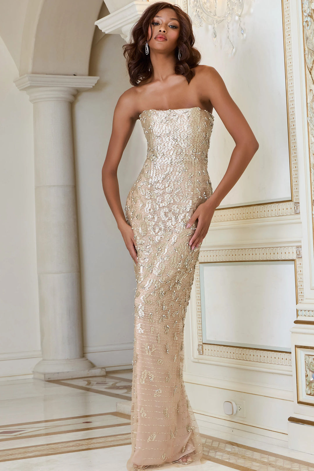 Jovani 40887 Strapless Sequin Column Gown with Embellished Detail