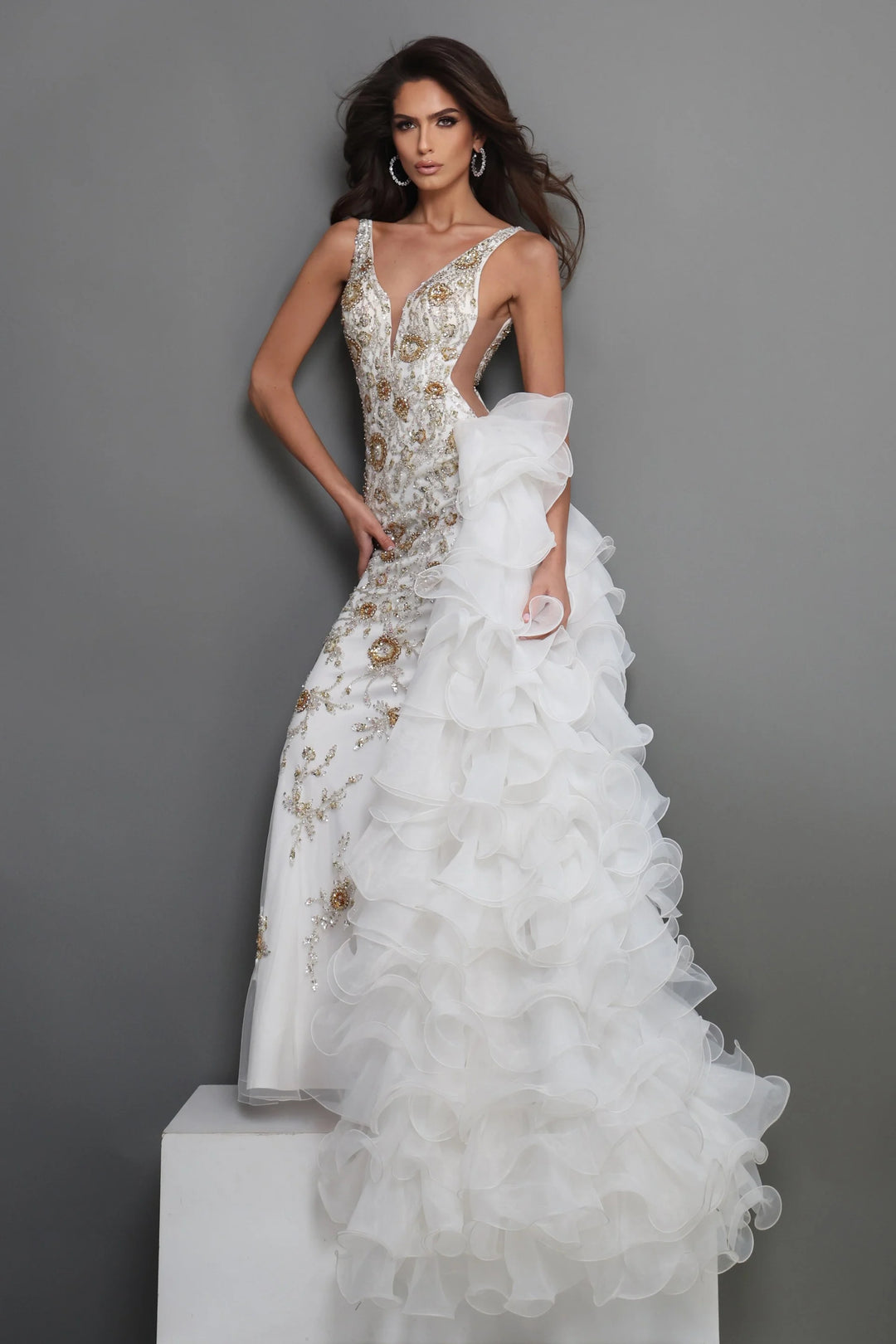 Jovani 41146 Beaded Ruffle Train Pageant Dress