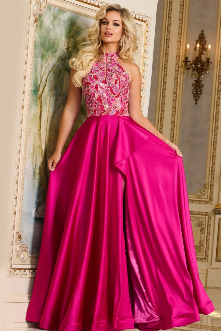 Jovani 41186 Halter Neck A-Line Gown with Beaded Bodice