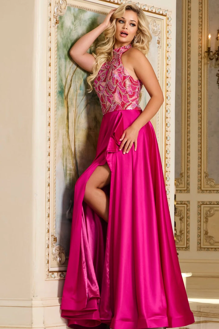 Jovani 41186 Halter Neck A-Line Gown with Beaded Bodice