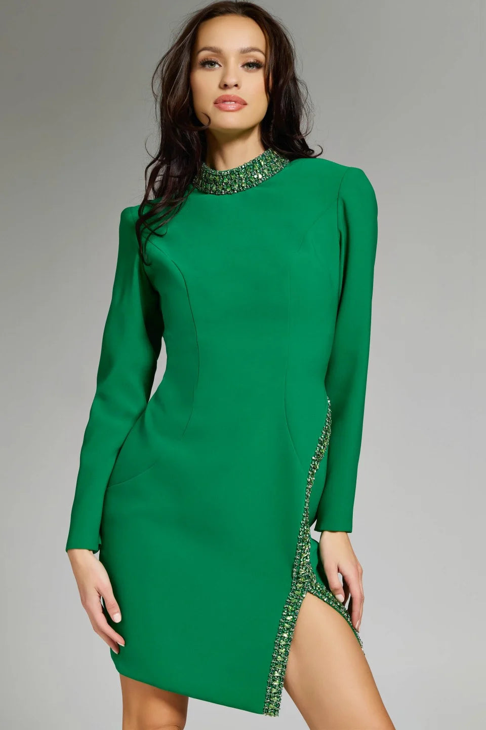 Jovani 42008 Embellished High-Neck Long Sleeve Cocktail Dress