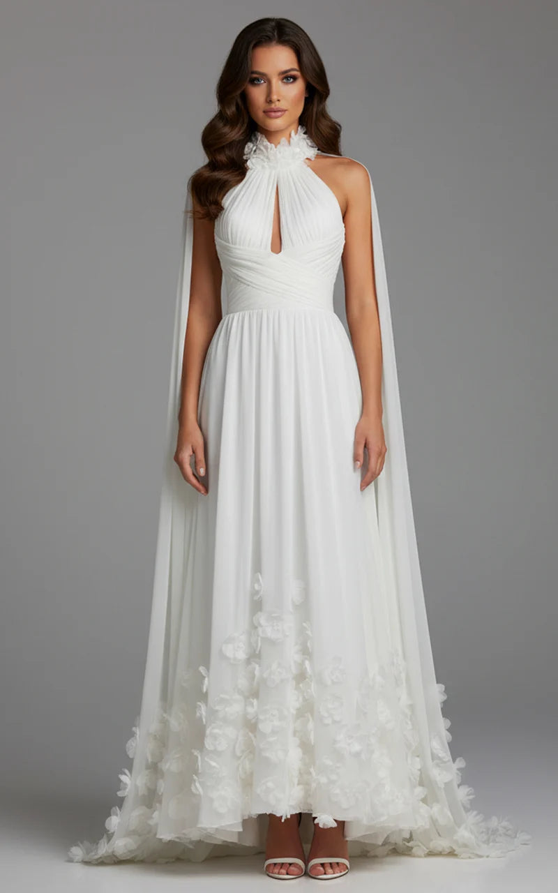 Jovani 42861 Halter Neck Pleated Gown With Floral Appliqué
