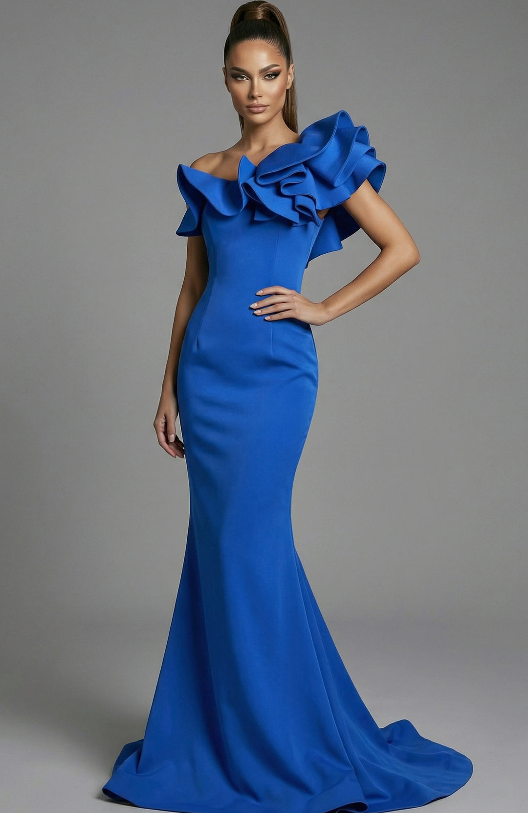 Jovani 43000 One Shoulder Gown With Sculpted Ruffle Detail
