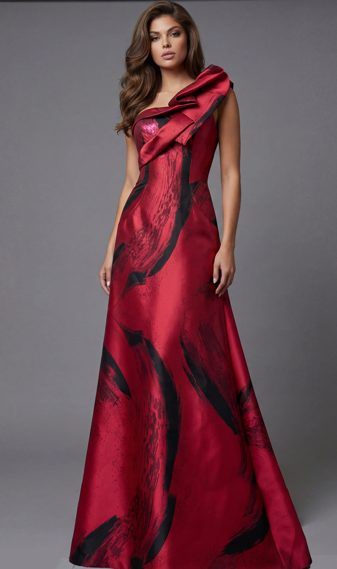 Jovani 43047 One Shoulder Printed Satin Gown With Sculpted Bodice
