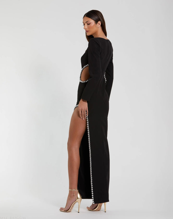 Mac Duggal 44049 Crepe Long Sleeve Gown With Beaded Cut Outs