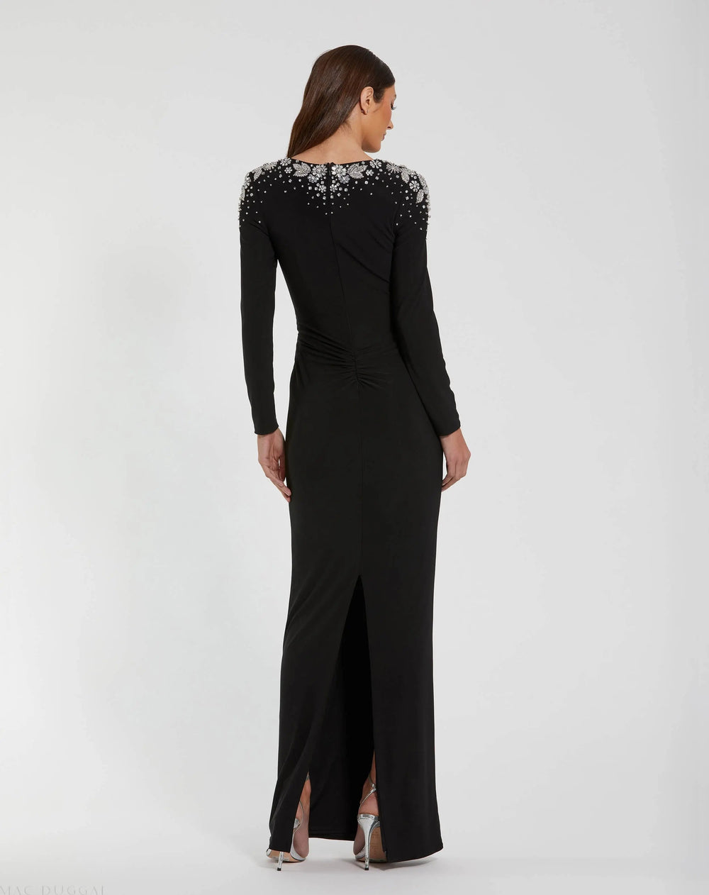 Mac Duggal 44063 Jersey V-Neck Faux Knot Gown with Beaded Shoulders