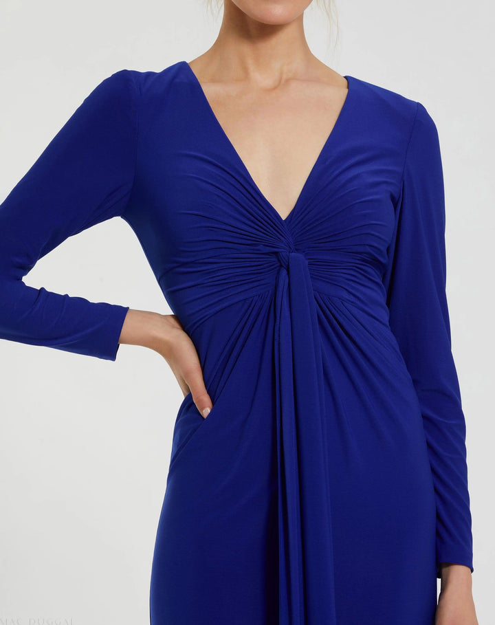 Mac Duggal 44064 Long Sleeve Jersey V Neck Twist Knot Gown