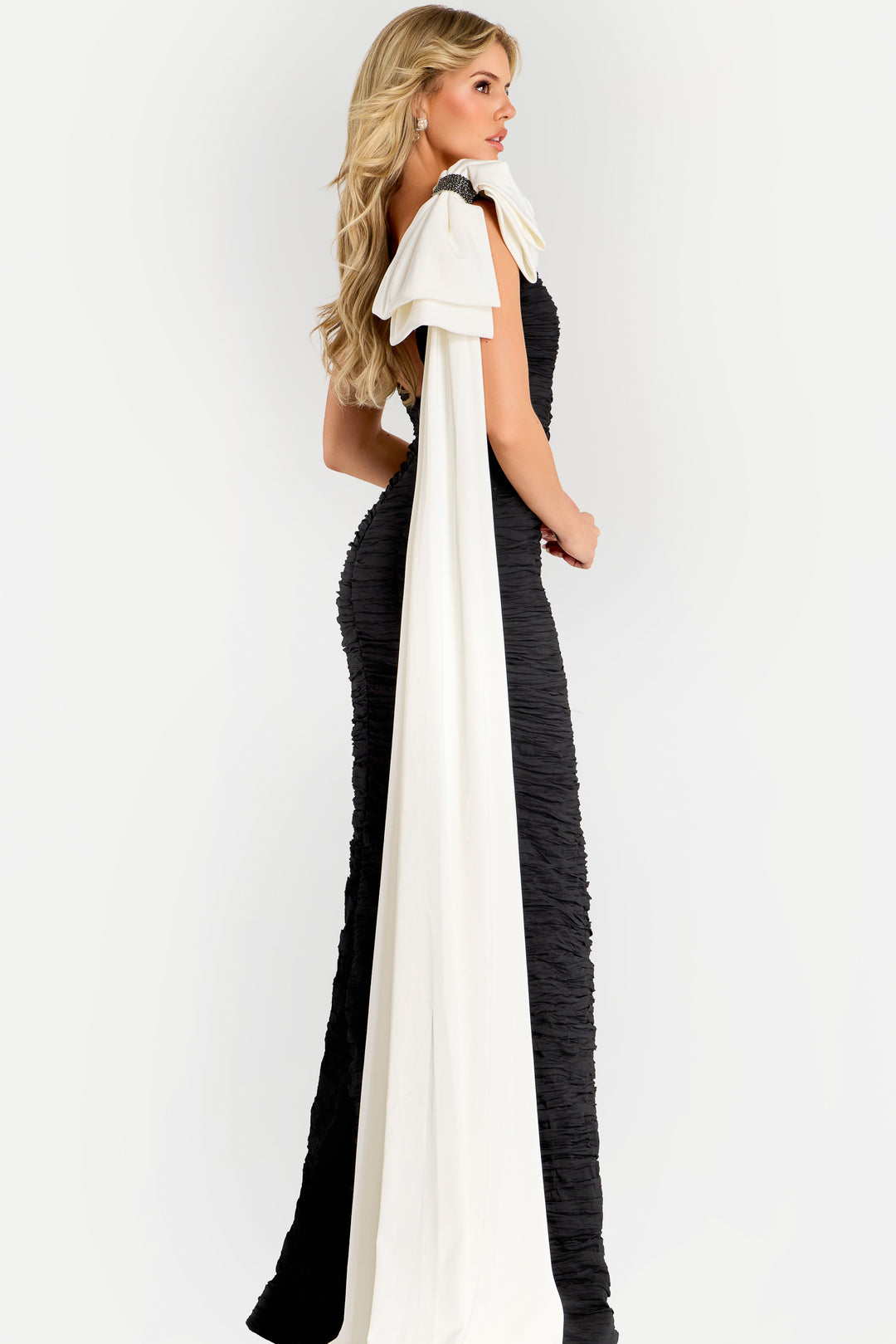 Jovani 45176 Ruched Gown With Oversized Shoulder Bow