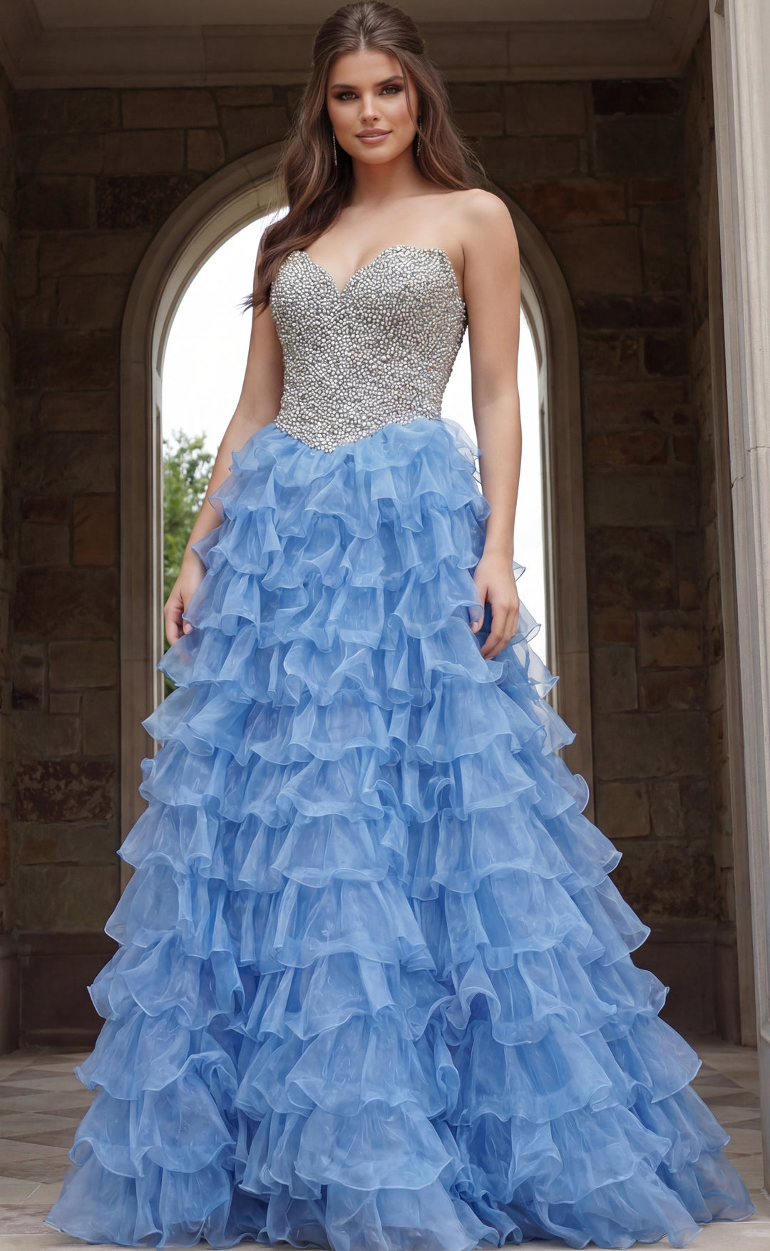 Jovani 45341 Beaded Strapless Gown With Tiered Ruffle Skirt