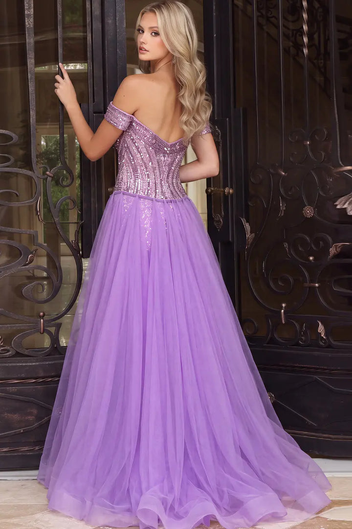 Jovani 45392 off the shoulder mermaid gown with detachable overskirt back view