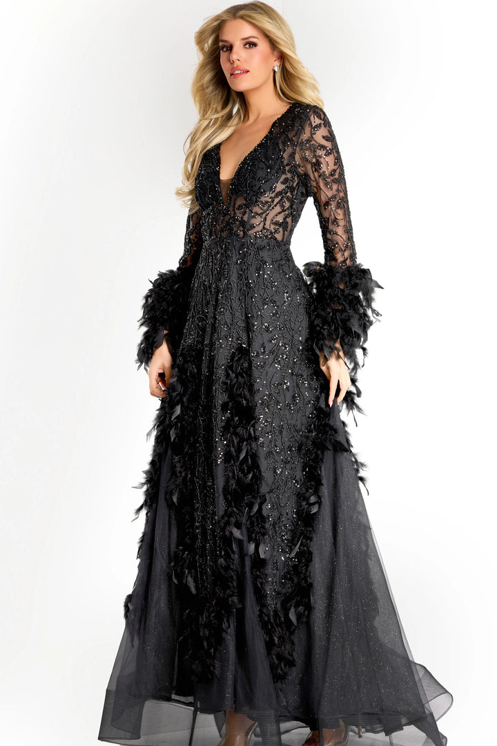 Jovani 45801 Beaded Gown With Sheer Sleeves - FOSTANI.com