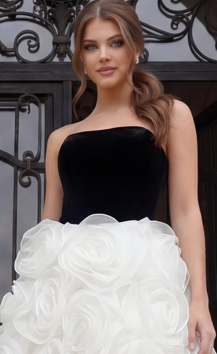 Jovani 45883 Strapless Gown With Sculpted Rosette Skirt