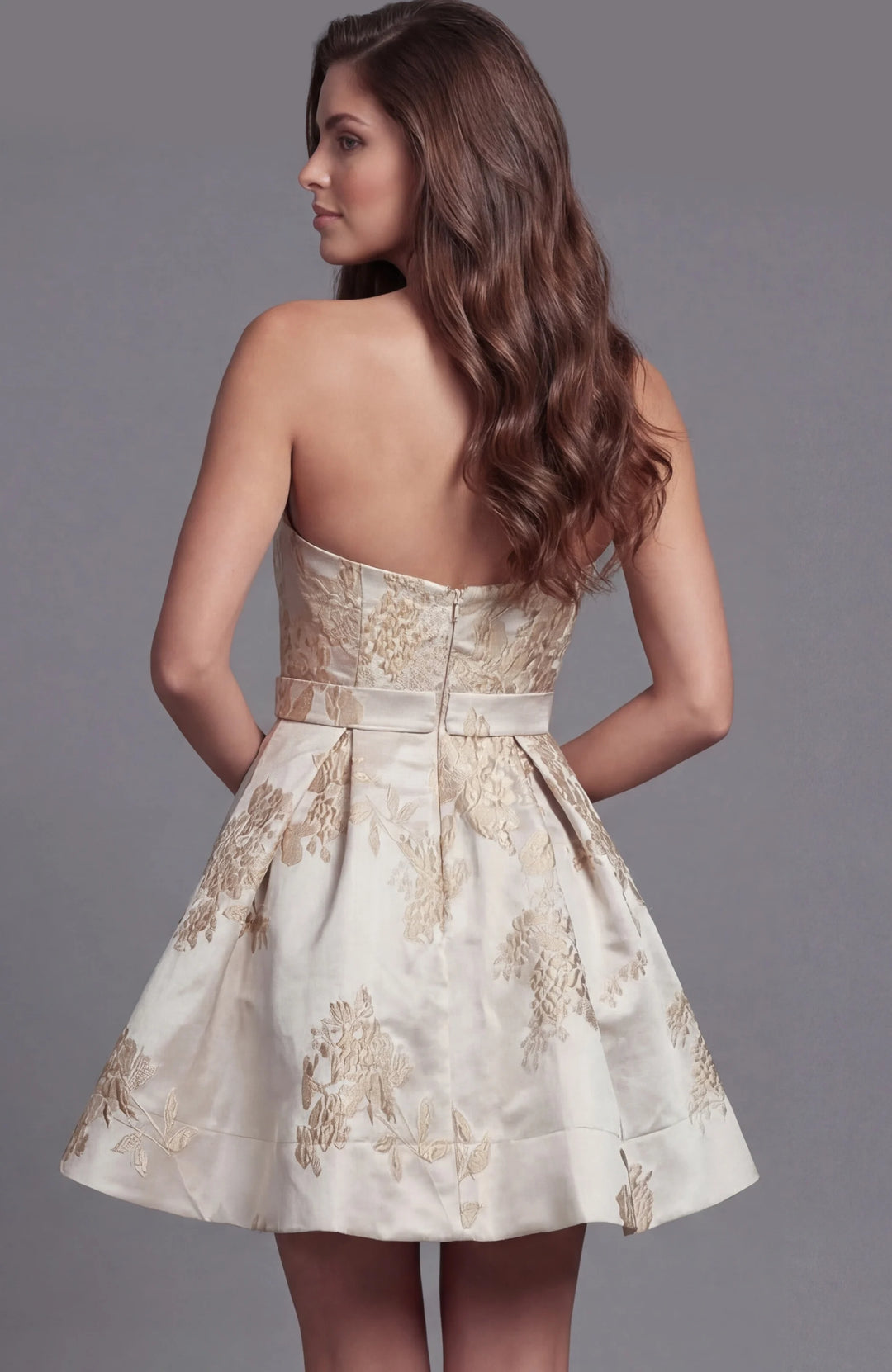 Jovani 46549 Strapless Gold Floral Jacquard Mini Dress - FOSTANI.com