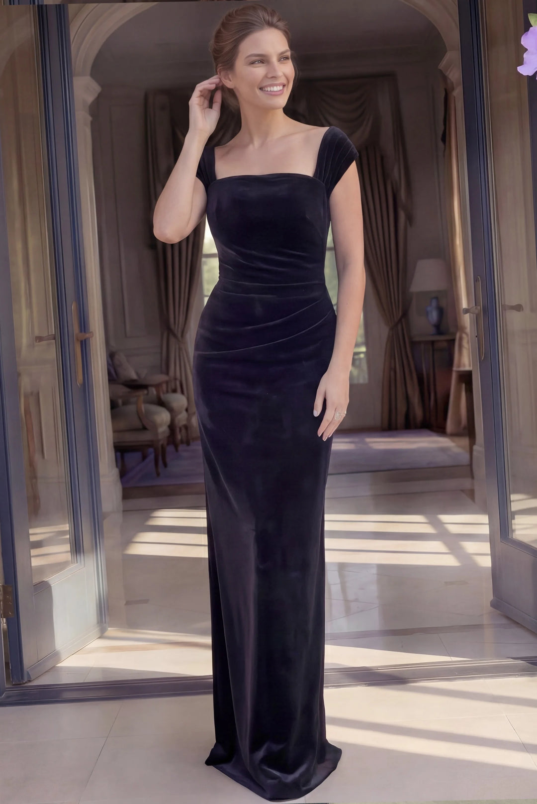 Jovani 47104 Square Neck Velvet Gown With Cap Sleeves - FOSTANI.com