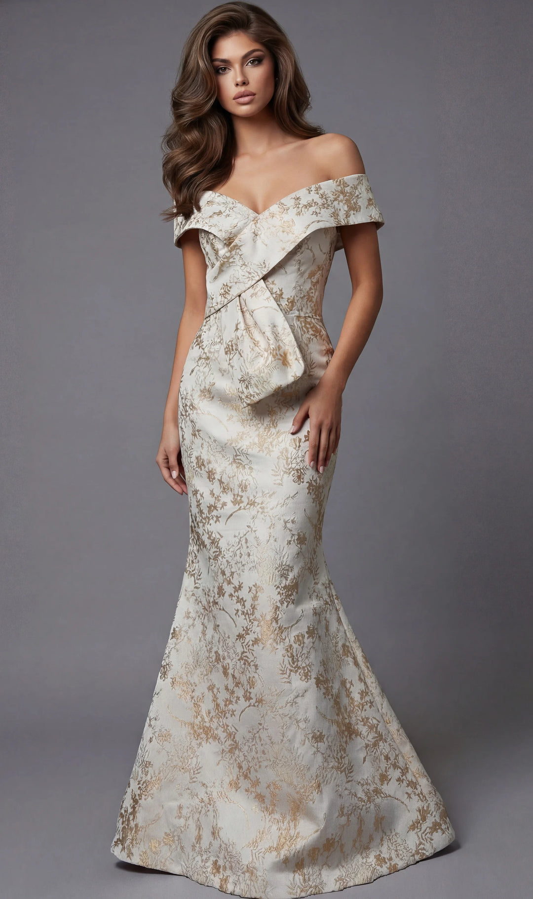 Jovani 47392 Off Shoulder Gown With Sculpted Bodice And Draped Detail