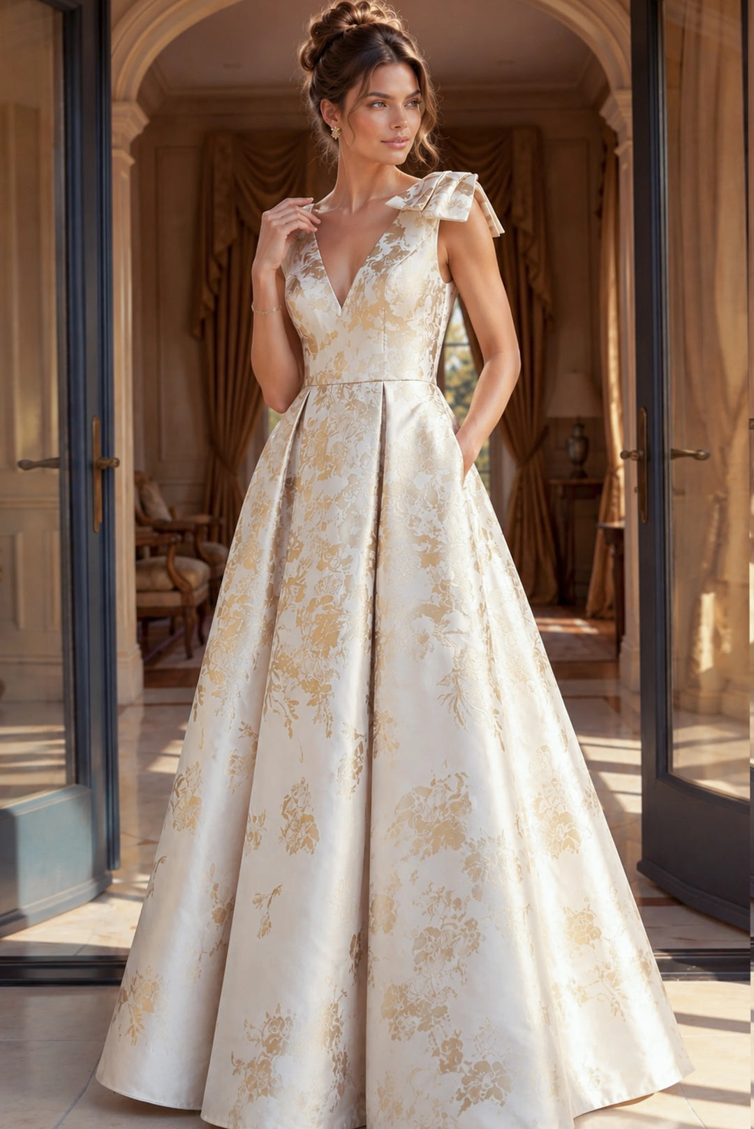 Jovani 47491 Brocade Cap Sleeve A Line Gown - FOSTANI.com