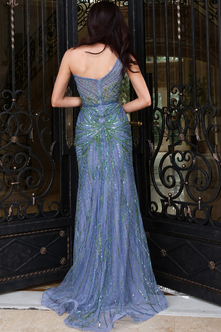 Jovani 48412 one-shoulder beaded gown, sheer beaded back