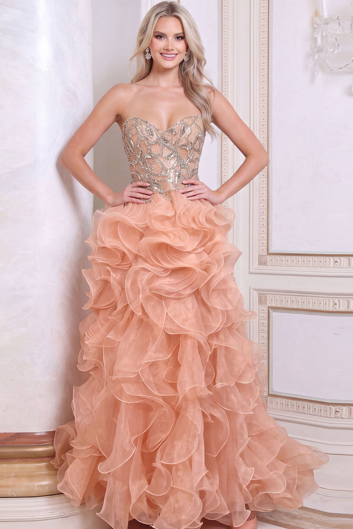 Jovani 48746 Strapless Sweetheart Corset Ruffle Ball Gown, front