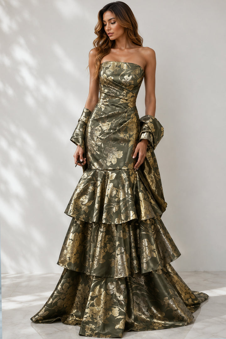 Jovani 49031 Floral Brocade Tiered Mermaid Gown