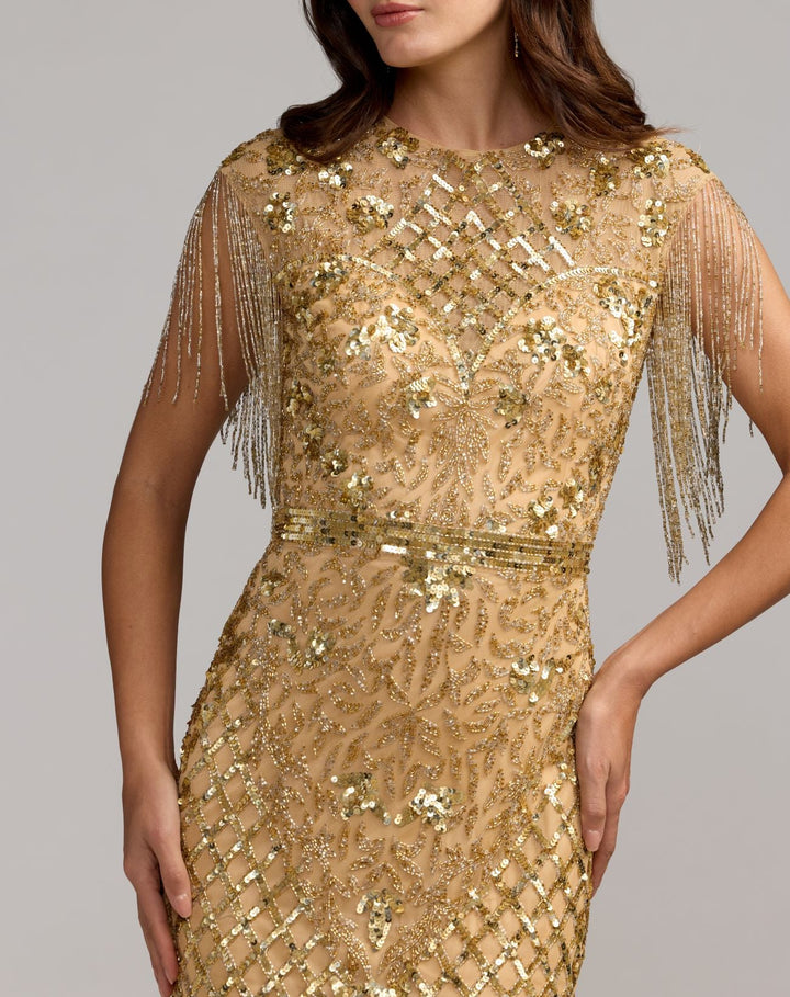 Mac Duggal 4908 High Neck Beaded Fringe Fitted Gown