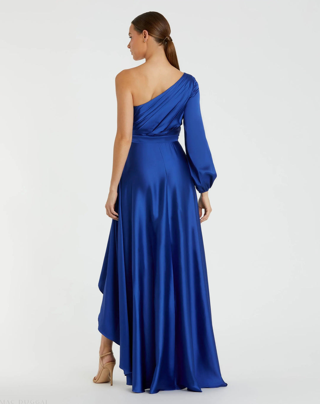 Mac Duggal 49141 Dark Blue Long Sleeve One Shoulder Satin High Low A-line Gown
