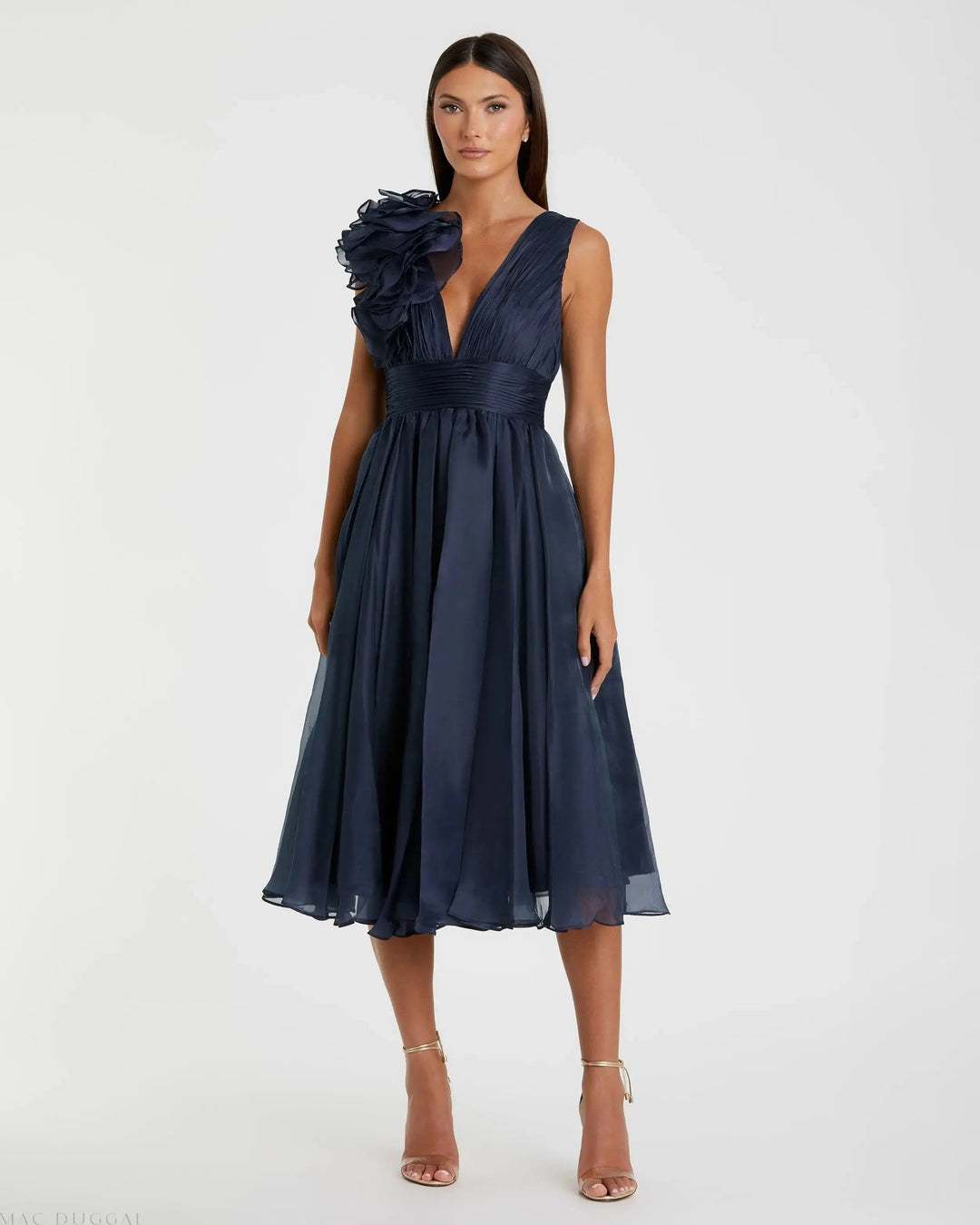 Mac Duggal 49494 Navy Sleeveless Chiffon A-Line Tea Length Cocktail Dress