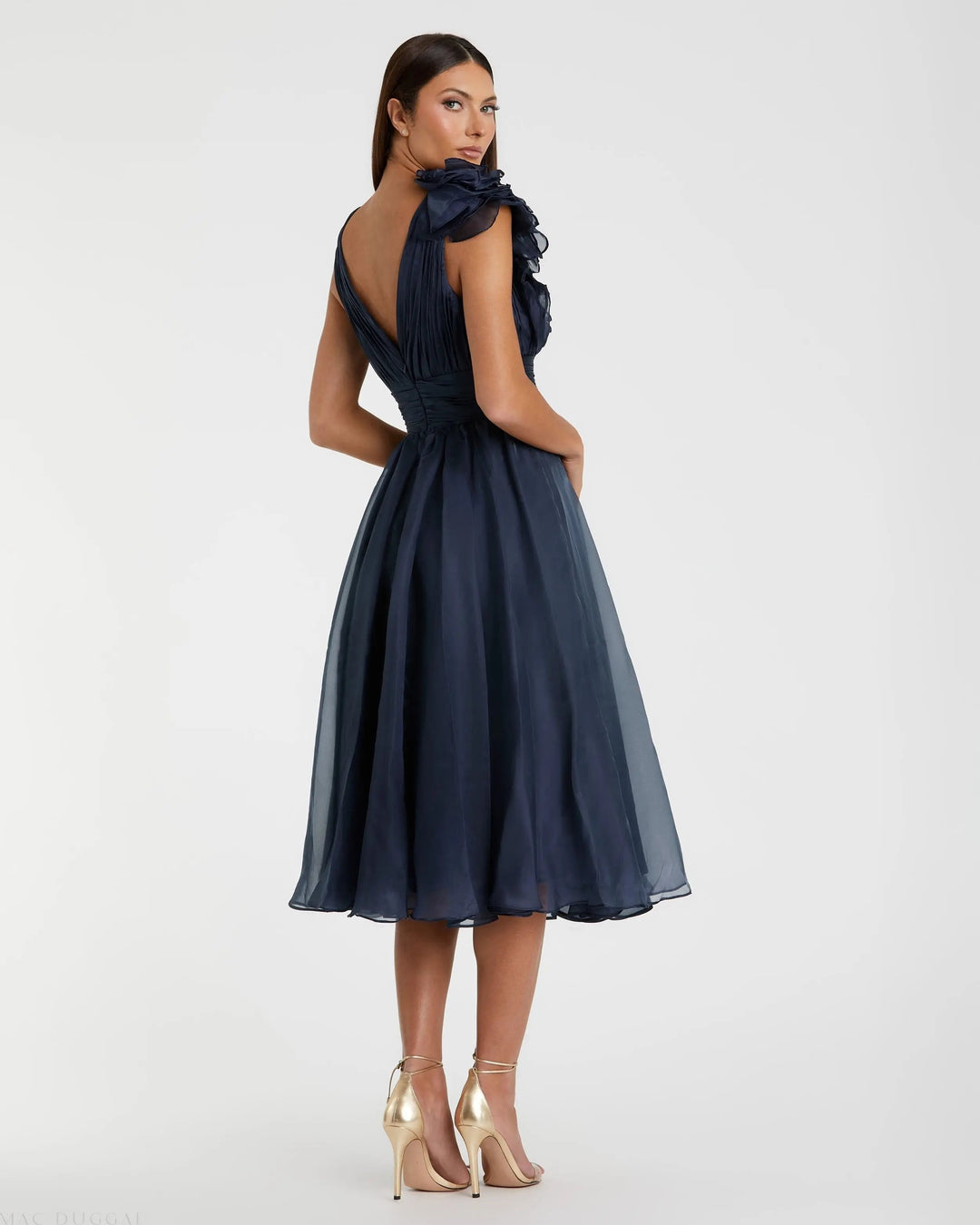 Mac Duggal 49494 Navy Sleeveless Chiffon A-Line Tea Length Cocktail Dress