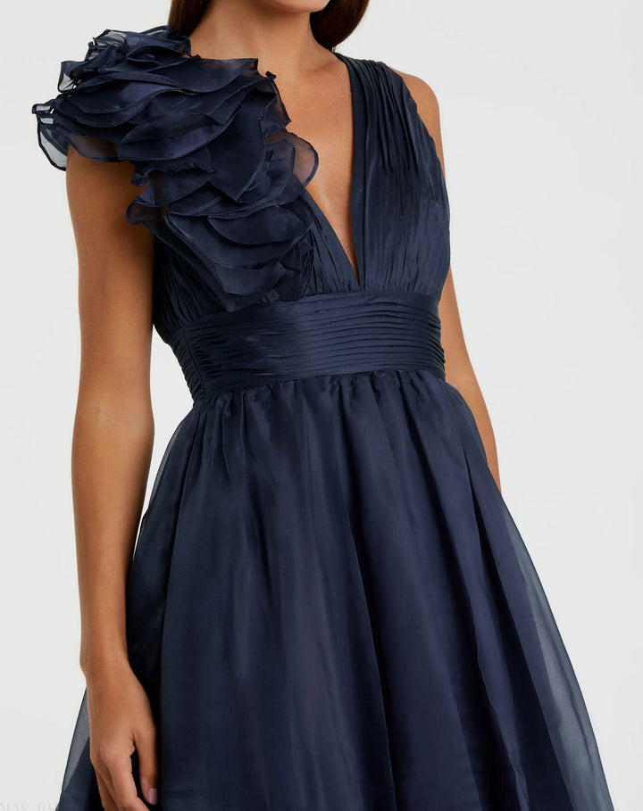 Mac Duggal 49494 Navy Sleeveless Chiffon A-Line Tea Length Cocktail Dress