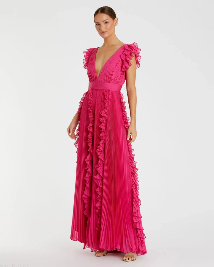 Mac Duggal 49539 Pleated Ruffle Cap Sleeve Flowy A Line Gown