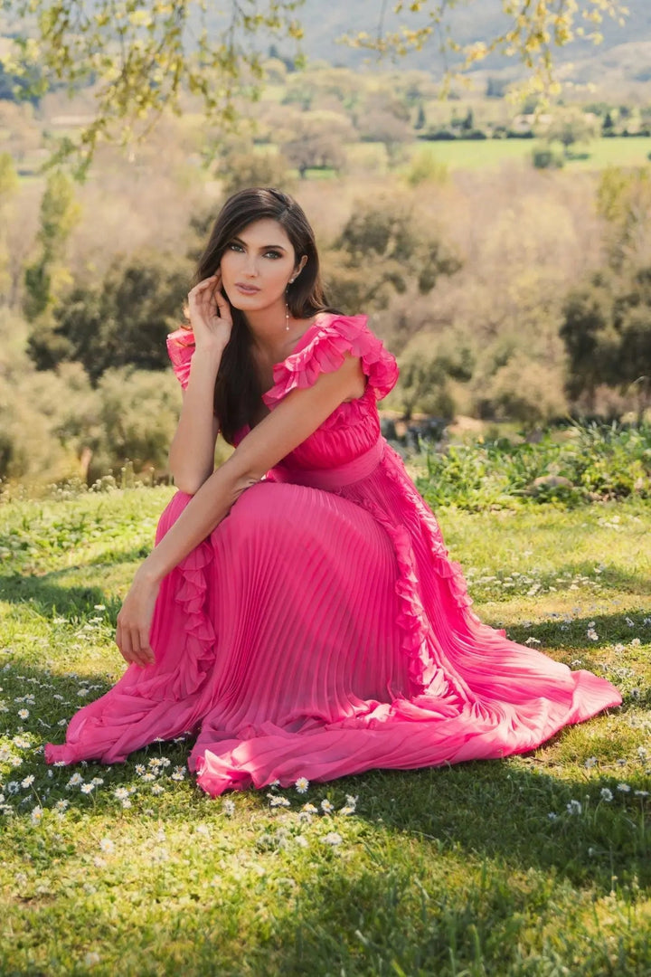 Mac Duggal 49539 Pleated Ruffle Cap Sleeve Flowy A Line Gown