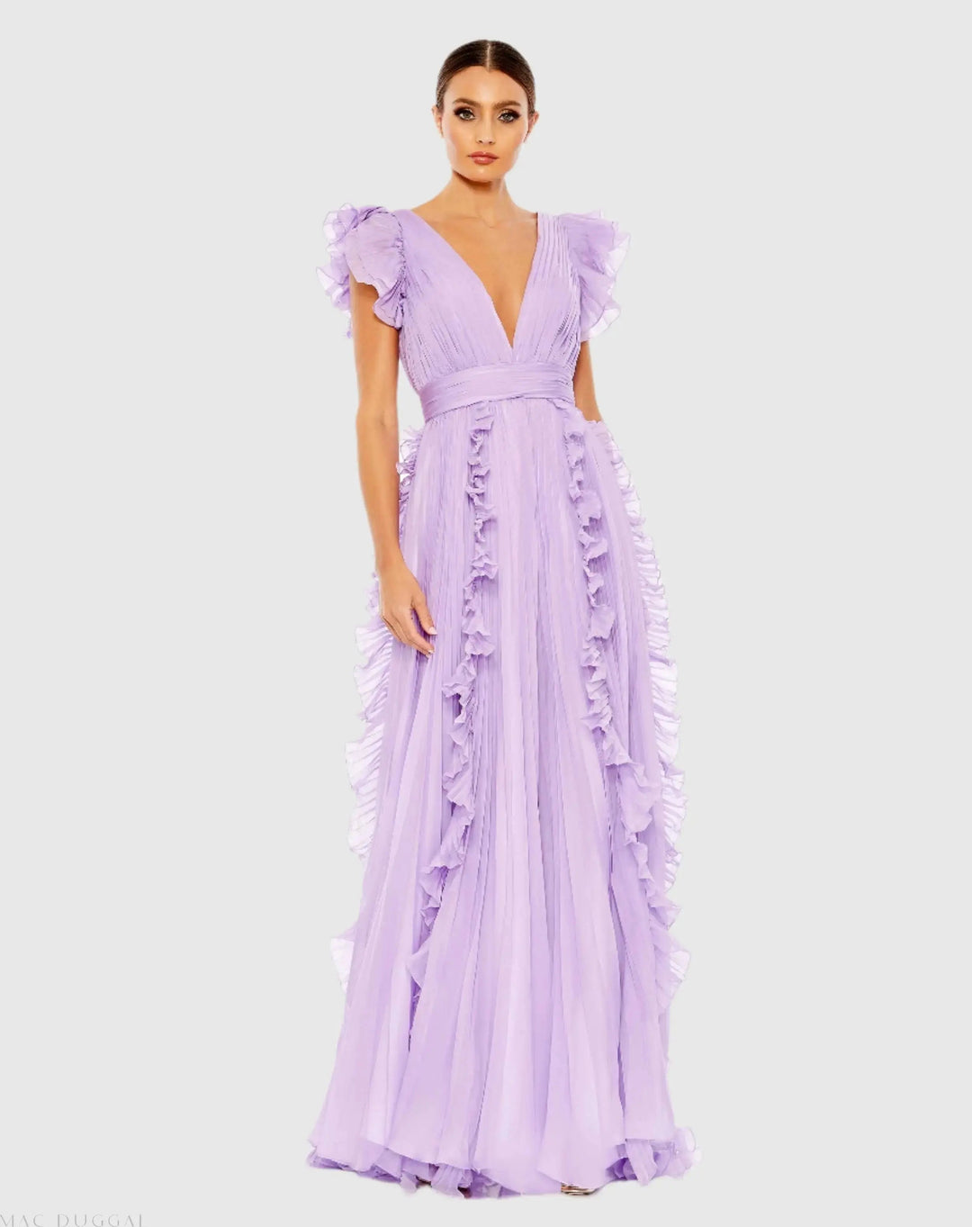 Mac Duggal 49539 Pleated Ruffle Cap Sleeve Flowy A Line Gown