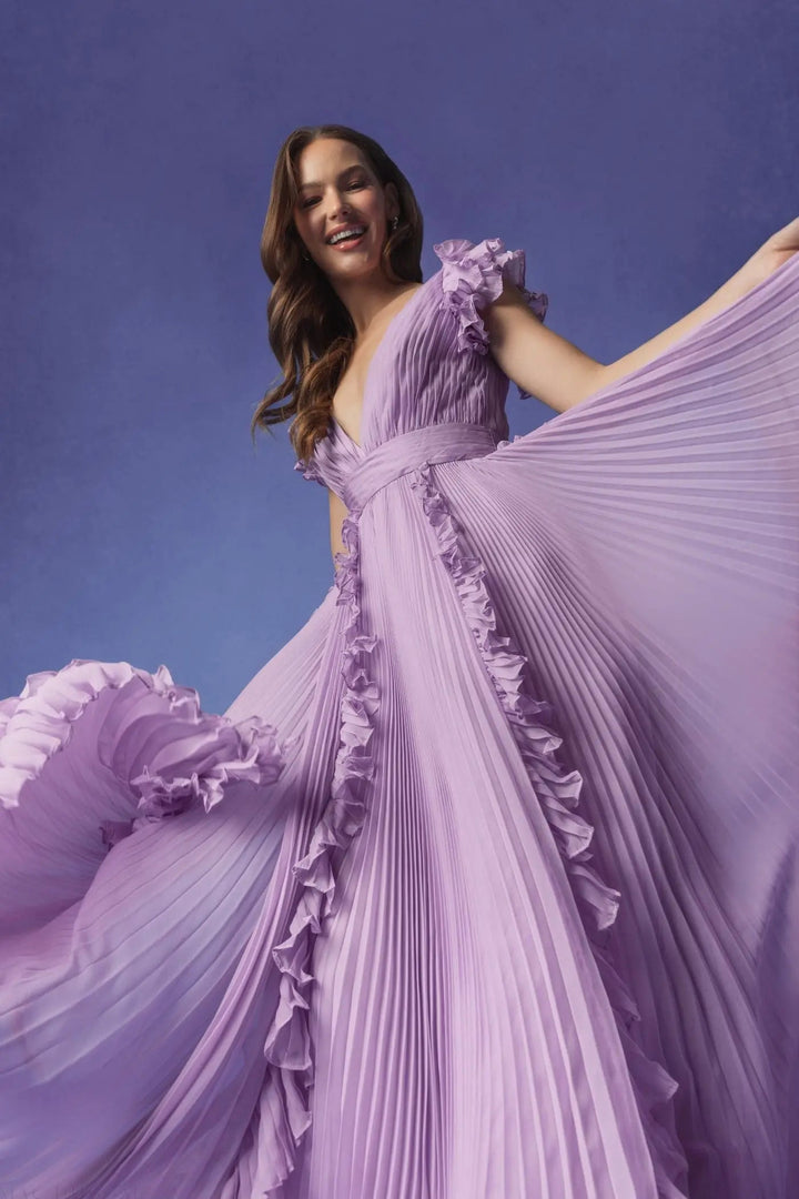 Mac Duggal 49539 Pleated Ruffle Cap Sleeve Flowy A Line Gown