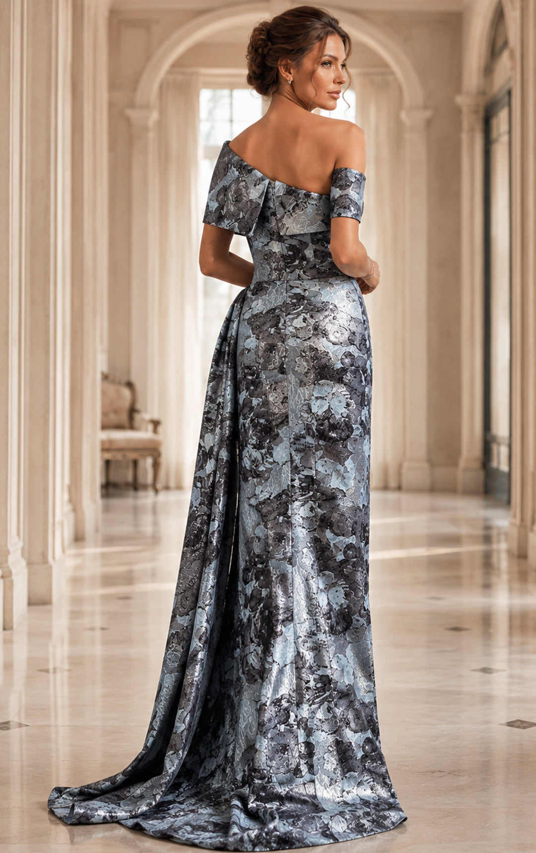 Jovani 49564 floral gown with draped panel, back