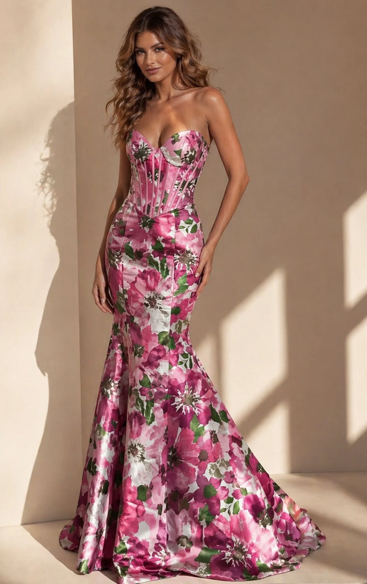Jovani 49637 Strapless Floral Mermaid Gown with Corset - FOSTANI.com