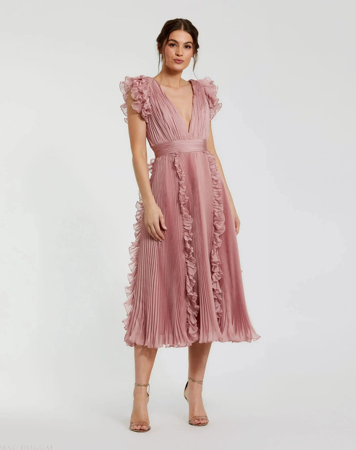 Mac Duggal 49675 Pleated Chiffon V Neck Ruffle Midi Dress