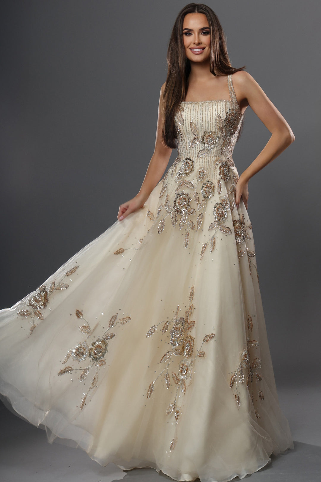 Jovani 49697 Sequin Floral A Line Long Dress