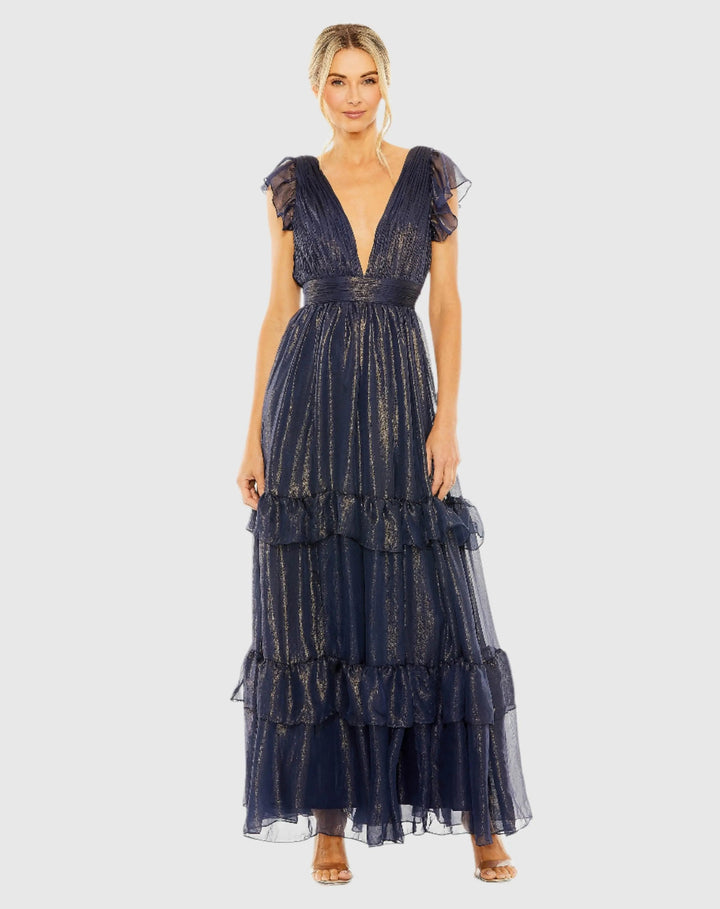 Mac Duggal 49742 Ruched Top Flutter Sleeve Deep V Gown