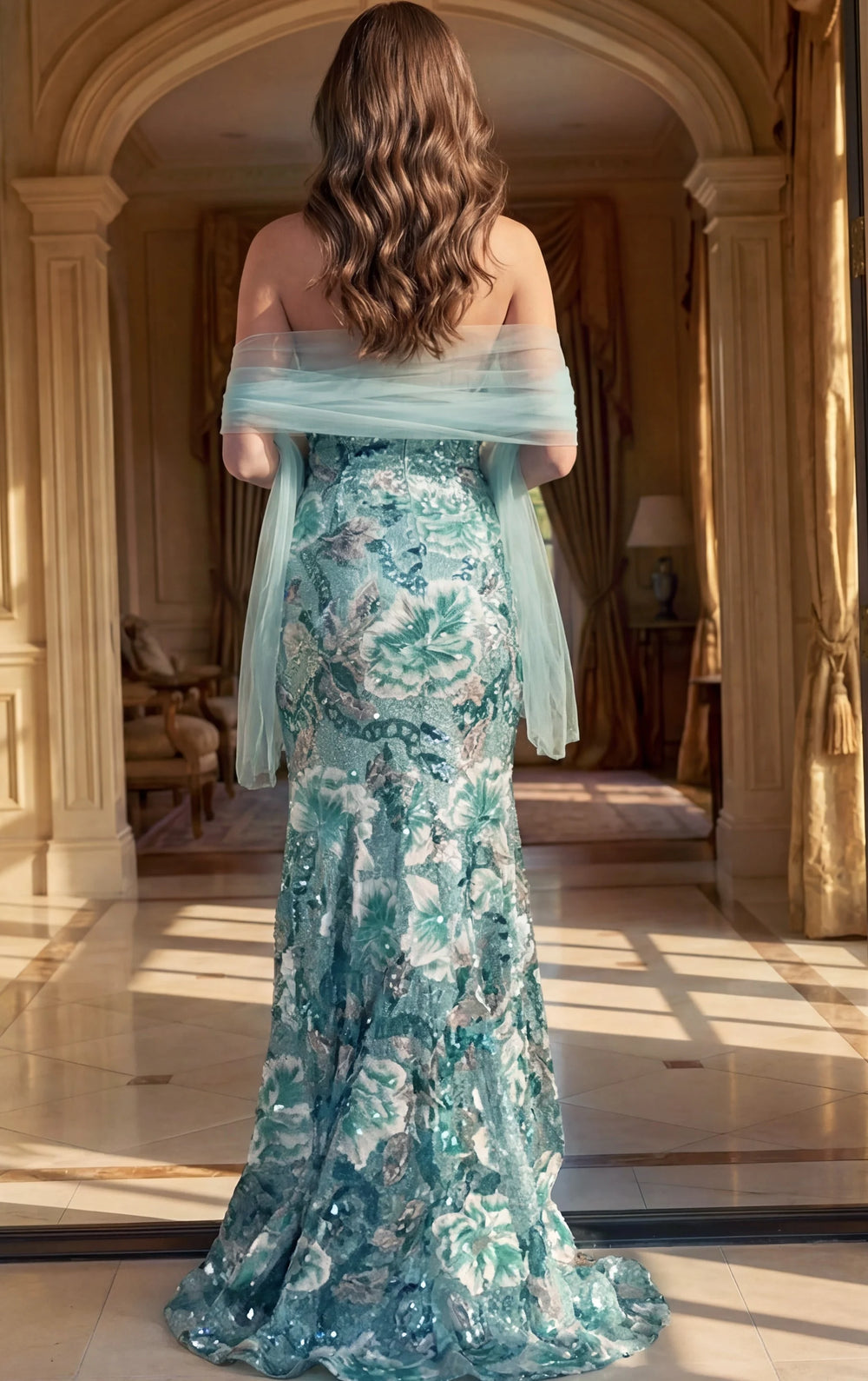 Jovani 49840 Mint Floral Sequin Mermaid Gown - FOSTANI.com