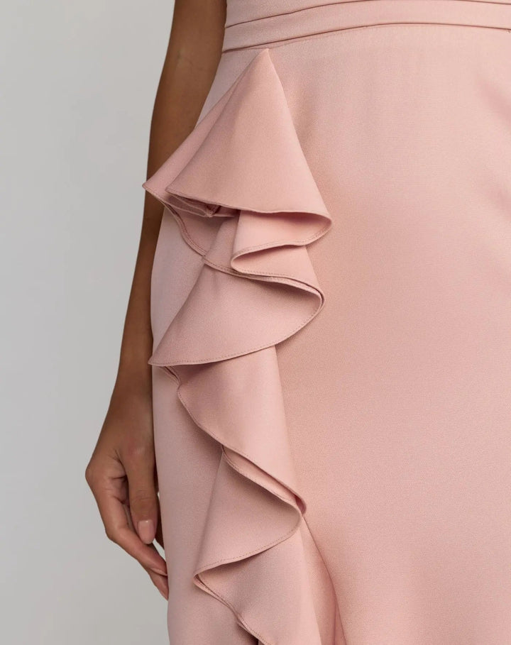 Pink Sleeveless Ruffled V-Neck Gown With Bow - FOSTANI.com
