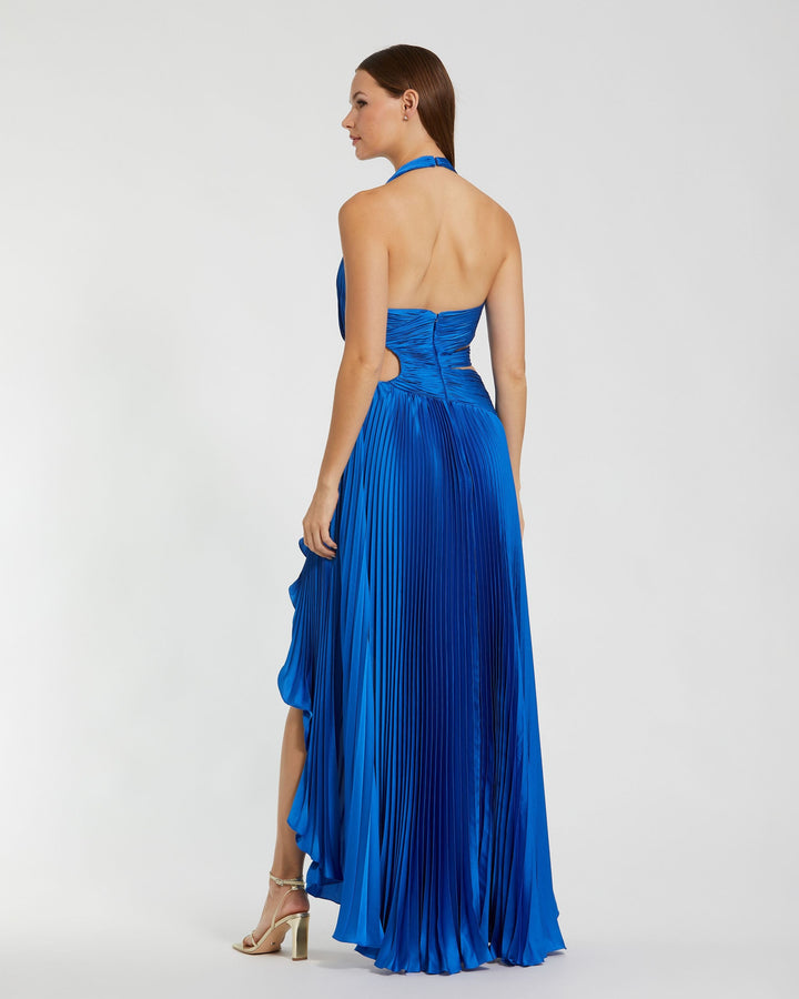 Blue Halter Neck Pleated Charmeuse Cut Out Gown - FOSTANI.com