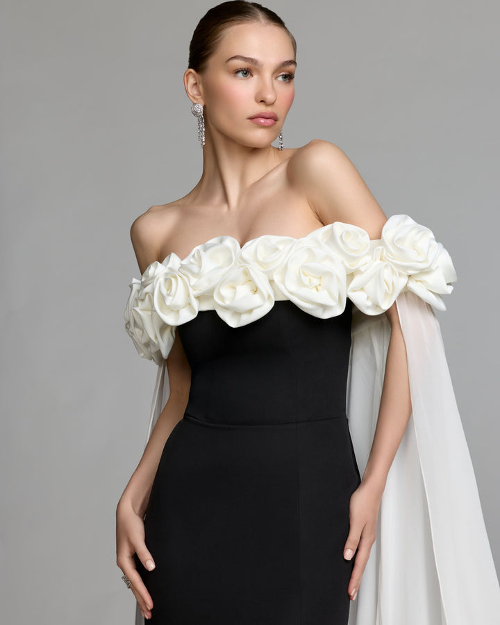 Mac Duggal 50041 Black Off The Shoulder Crepe Gown With Chiffon Cape