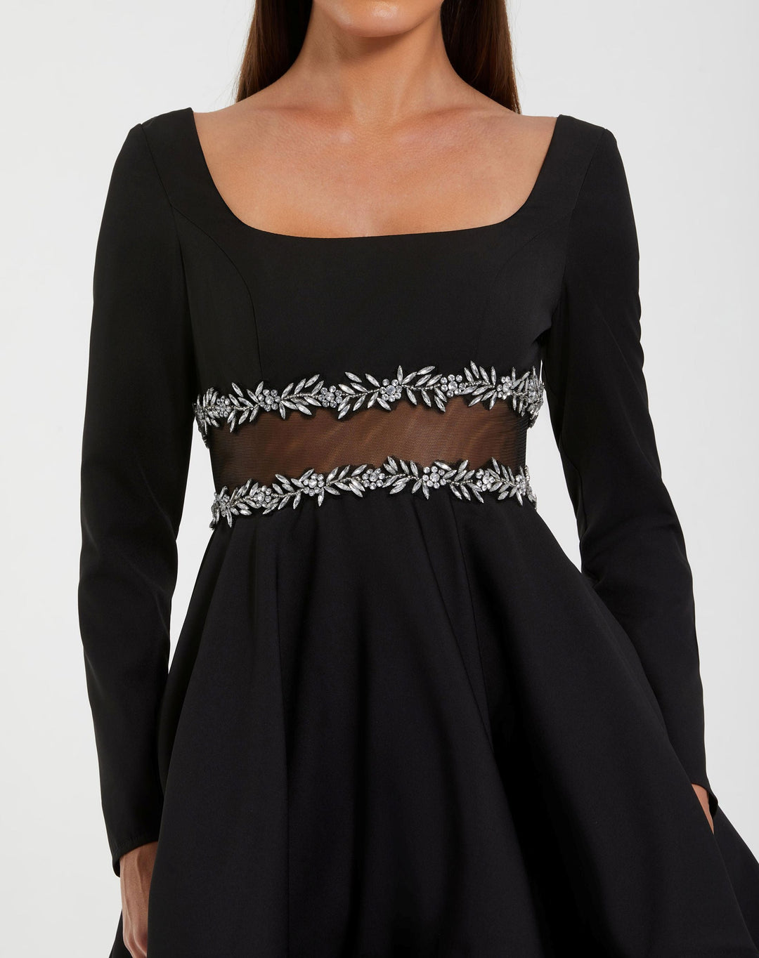 Mac Duggal 50047 Black Long Sleeve Crepe Mini Dress With Jewel Detail